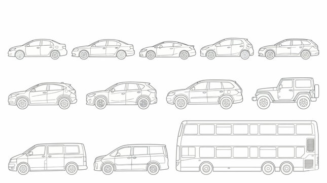 Vector Vehicle Line Art Collection, Set of Side View Car SUV Van and Double Decker Bus Illustrations for Technical Diagrams and Transport Design