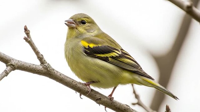 Calm yellow finch bird perched on a bare tree branch in soft natural light.