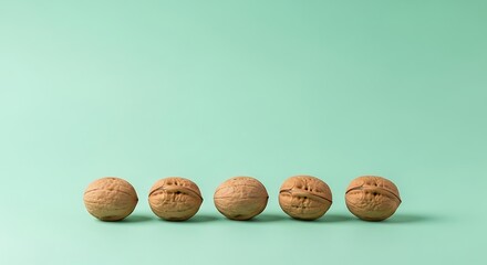 Five walnuts arranged in a row on a light green background, studio shot.