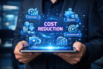 Cost Reduction Strategy: A professional in a sleek suit holds a digital tablet displaying an innovative concept, radiating energy and intelligence. Visualizing concepts of saving and optimization.