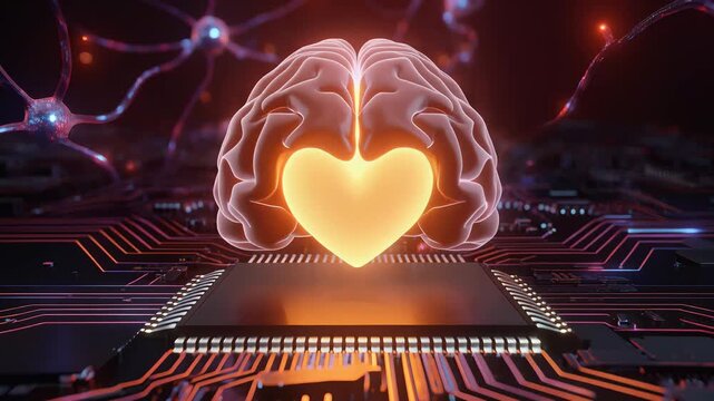 Glowing brain with heart on microchip, surrounded by neurons, representing artificial intelligence and emotional intelligence, symbolizing innovation and technological