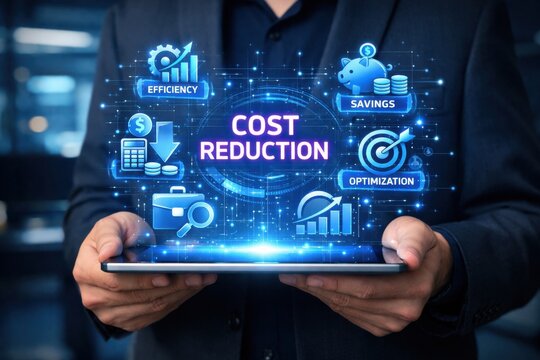 Cost Reduction Strategy: A professional in a sleek suit holds a digital tablet displaying an innovative concept, radiating energy and intelligence. Visualizing concepts of saving and optimization.