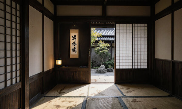Machiya interior tatami traditional house room with a view of a serene zen courtyard garden and a tokonoma alcove