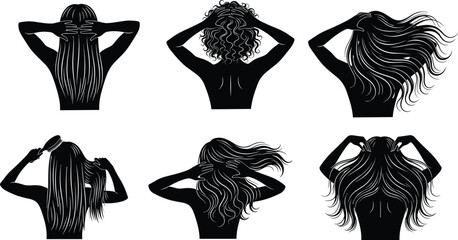 Women hair care silhouettes set showing brushing, styling and touching long, curly and wavy hair beauty salon concept vector illustration