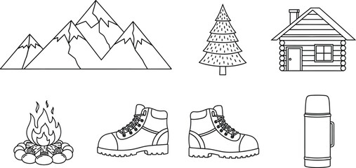 Collection of outdoor adventure icons including mountains campfire boots and cabin perfect for travel and camping themes © Naveed