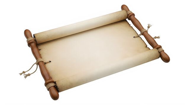 Ancient parchment scroll with wooden handles resting on a table isolated on transparent background