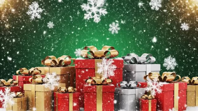 A festive arrangement of colorful gift boxes with bows under falling snowflakes