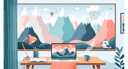 A cozy home office setup with a laptop on a wooden desk, featuring a large window overlooking a stylized pastel mountain landscape.
