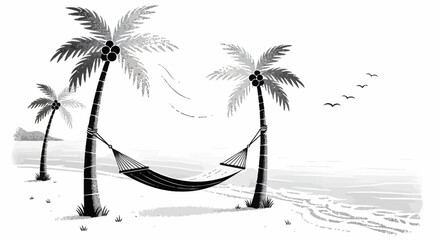 Black and white illustration of a serene tropical beach scene with a hammock strung between two palm trees, footprints in the sand, and birds flying over the ocean.