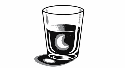 A glass with dark liquid reflecting a crescent moon shape, in a black and white graphic style.