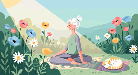 Elderly woman meditating peacefully outdoors in a vibrant flower garden with a sleeping cat under a ray of sunshine.