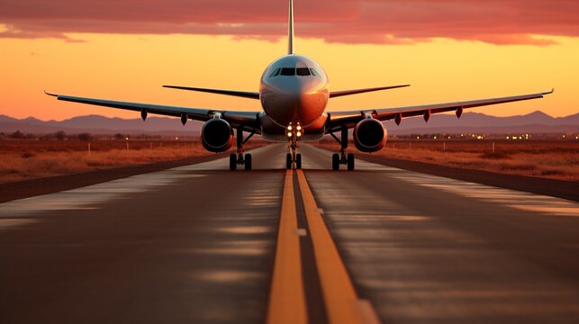 Large Commercial Airplane on Runway at Sunset