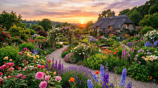 Charming English Cottage Garden at Sunset with Vibrant Flowers and Rustic Stone Pathway Leading to a Thatched Roof House Surrounded by Lush Greenery and a Picturesque Countryside Landscape