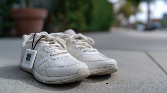 pedometer. Digital pedometer clipped to white athletic shoes on a concrete path. product launch decks, UI/UX mockups, designed for product launches and innovation pitches.