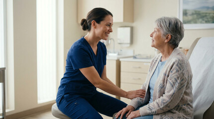 Obraz premium Caring Nurse in Blue Scrubs Comforting Elderly Woman in Cozy Medical Office with Soft Lighting and Warm Atmosphere, Highlighting Compassionate Healthcare Interaction