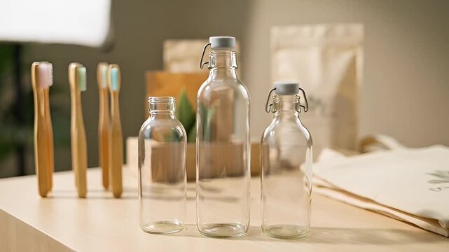 Sustainable living essentials A collection of reusable glass bottles, bamboo toothbrushes, and eco-friendly packaging for a greener lifestyle
