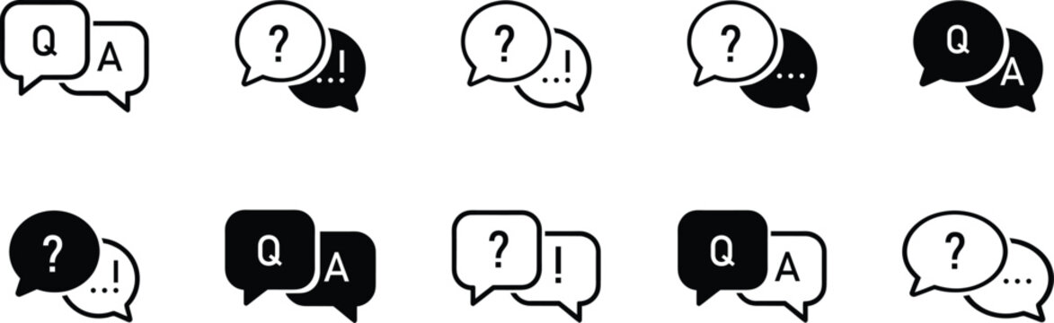 Black and white speech bubbles with question marks and answers