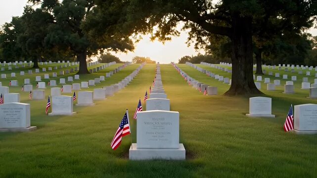 Serene military cemetery at dawn or dusk, with endless rows of white headstones adorned with flags, honoring profound sacrifice