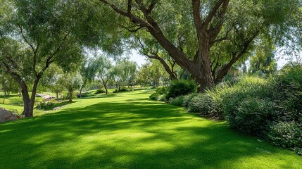 Green grass lawn in a sunny park landscape