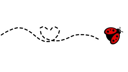 Cartoon ladybug flying with a dashed heart-shaped trail. Flying ladybug with a looping heart trail in the air. Flying beetle with heart shape dotted line for valentine decoration © Stock Arza