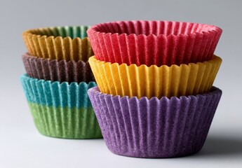 Three piles of multicolored paper baking cups sit against a bright white backdrop