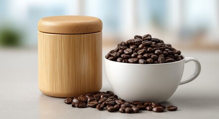 Obraz premium Steam rises from a hot drink next to a wooden box holding roasted coffee beans