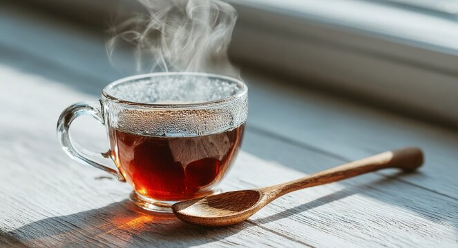 A steaming, hot dark drink sits in a clear glass mug with a stirrer on a bright morning