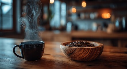 A steaming drink sits in a dark mug next to a wooden bowl brimming with roasted coffee beans on a bright countertop