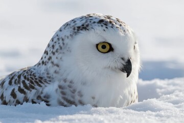 Obraz premium Snowy owl resting in snow with bright yellow eyes and speckled plumage