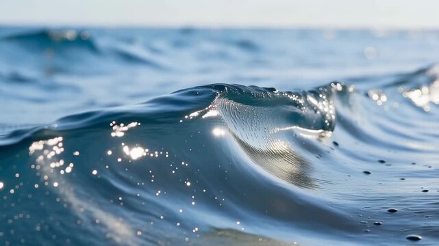 Slow Motion Close-Up of Tranquil Blue Ocean Waves and Wet Surface