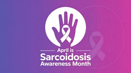 Fototapeta premium April sarcoidosis awareness month background featuring purple ribbon and hand symbol on colorful gradient backdrop for medical outreach and global health campaign communications text