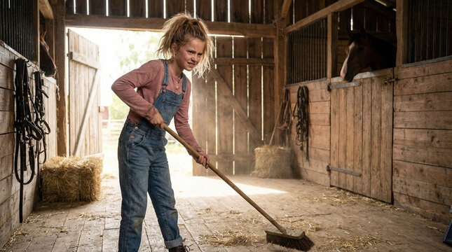 Young girl sweeping stable floor while smiling in barn interior  