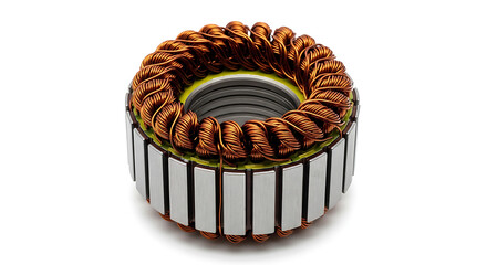 Copper wire coil with silver metal core and rectangular segments on white background