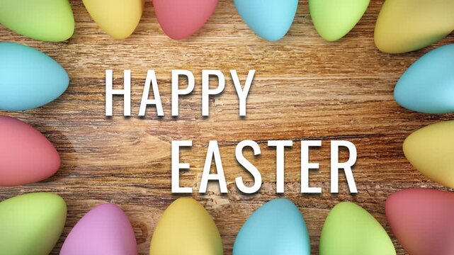 Video animation of sixteen pastel color Easter eggs on a rustic dark wooden table and the message Happy Easter in white - vacation concept - seamless loop.
