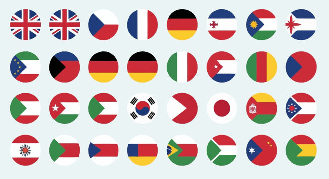 Collection of International Country Flags in Circular Icons.
