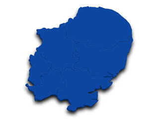 Fototapeta premium 3d East of England map, UK. Detailed high-quality illustration showing the administrative region geography boundaries isolated in white background.