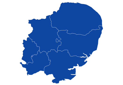 East of England map. East Anglia administrative map. counties map of East of England, empty map of East of England