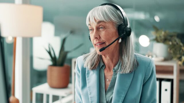 Computer, speaking or woman with headset in call center, explain troubleshooting steps or customer care. Help desk, advice or mature agent with contact for tech support, guidance or client assistance