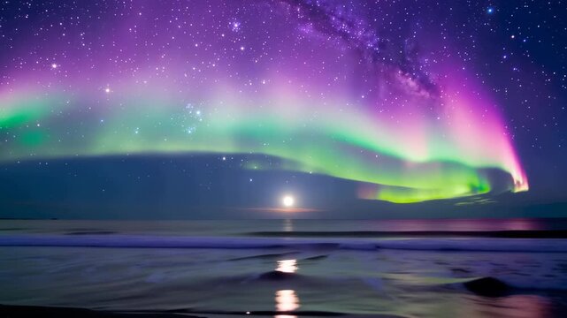 Mesmerizing Aurora Borealis Over a Serene Ocean Under a Starry Night Sky
