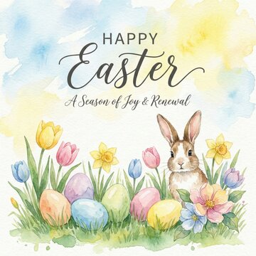 Easter celebration watercolor illustration with happy bunny, colorful eggs, tulips, joyful wishes, spring renewal, festive greeting card, social media post design