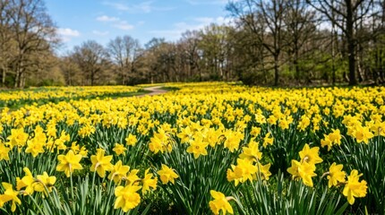 Vast Field of Yellow Daffodils Under a Blue Sky