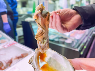 新鮮な生の真牡蠣を持っている手。