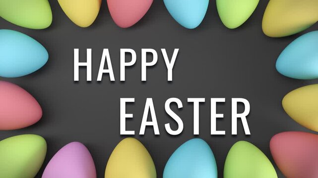 Video animation of sixteen pastel color Easter eggs on dark background and the message Happy Easter in white - vacation concept - seamless loop.