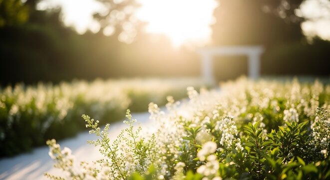 Sunlit Path Through a Lush Garden with White Flowers.