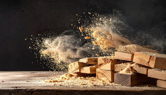 Splinters of wood fly into the air as lumber is processed, creating a cloud of sawdust