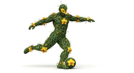 A creative illustration of a person made of vines playing soccer Brazil colors in 2026 soccer world championship
