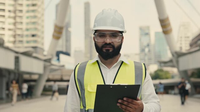 Portrait of focused Indian engineer with goggles in safety vest holding documents at construction site. Young inspector checks architectural plans standing in urban environment