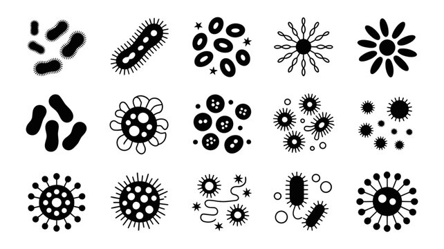 An extensive assortment of different types of bacteria and virus organisms, illustrating microbial diversity.