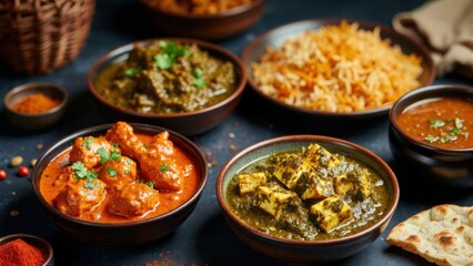 Fototapeta premium Variety of paneer and chicken curries arranged on rustic table setting.