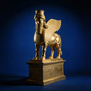 Golden lamassu statue featuring human head on winged bull body. Ancient assyrian protective deity sculpture on pedestal against dark background. Mythical guardian figure symbolizing strength and